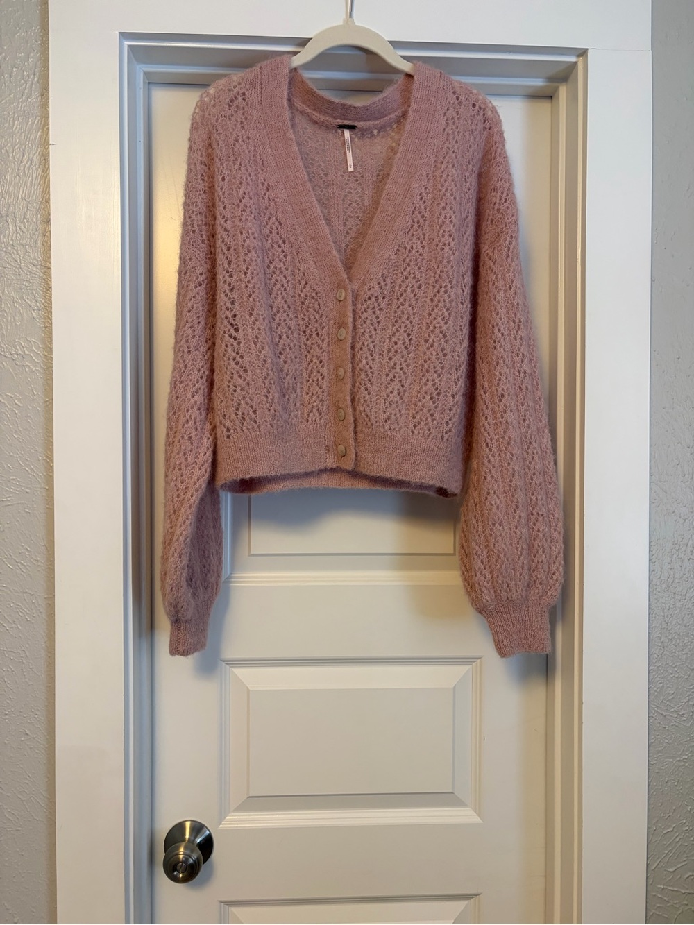 Free People Mauve Open-Knit V-Neck Button Cardigan